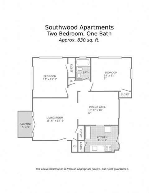 Floor plan for 2 beds, 1 bath, 830 sqft